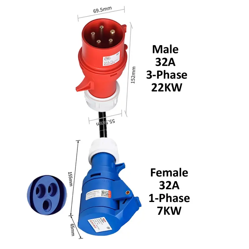 Ladeadapter für Elektrofahrzeuge CEE-Stecker 16A/32A Rot zu Buchse Blau 1-phasig 32A 7KW 16A 3,5KW Rot 3-phasig 16A 11KW 32A 22KW – Detail 8