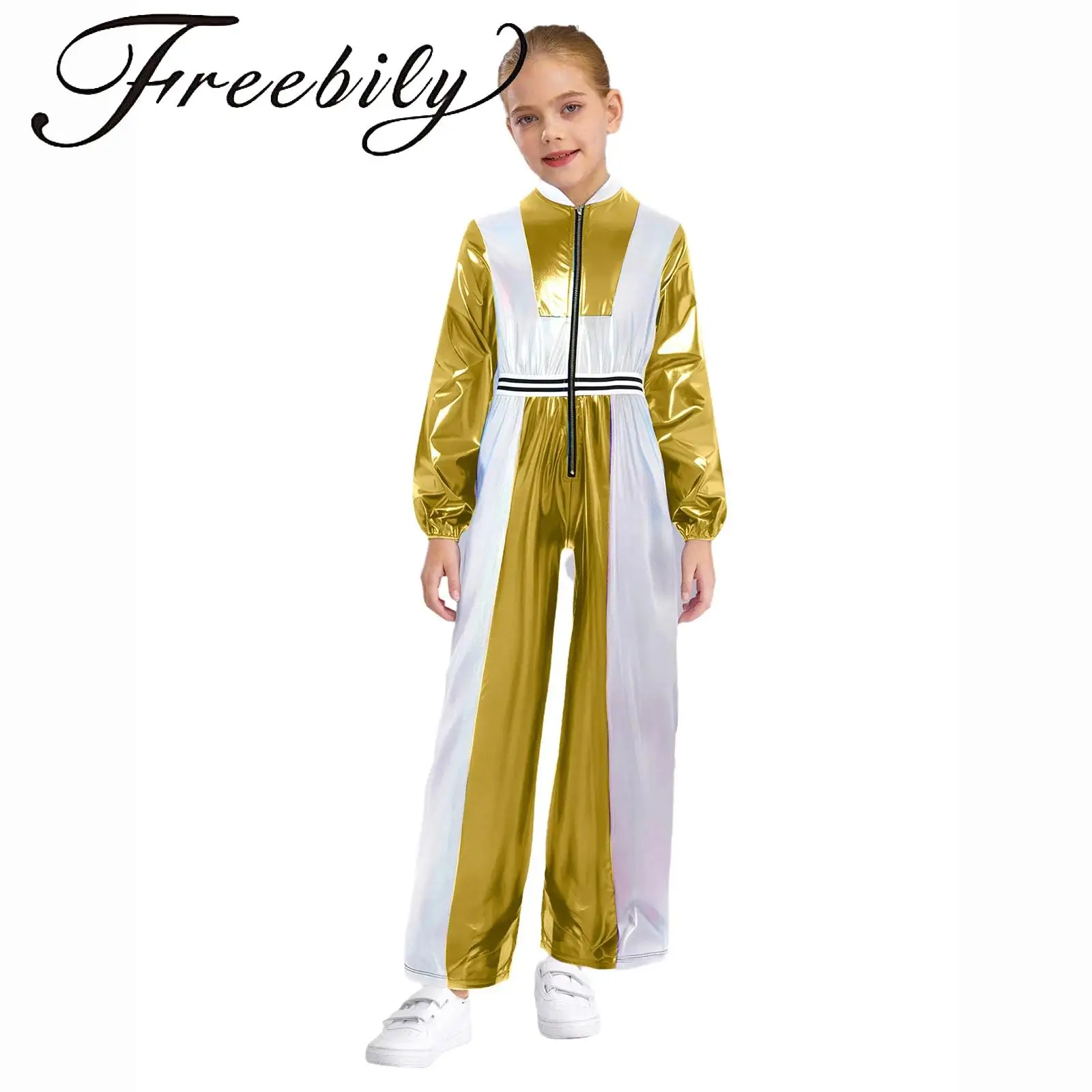 

Kids Girls Jazz Dance Jumpsuit Metallic Long Sleeves Stand Collar Color Block Patchwork Zipper Bodysuit for Hip-Hop Performance