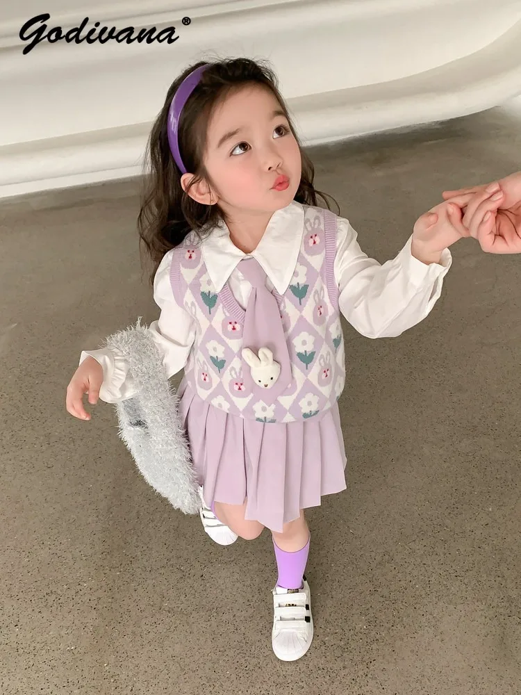 

Sweet Girls Spring Fashion JK Sets Toddler Kids Preppy Style Cute Cartoon Print Knit Vest White Blouse Pleated Skirt 3pcs Set