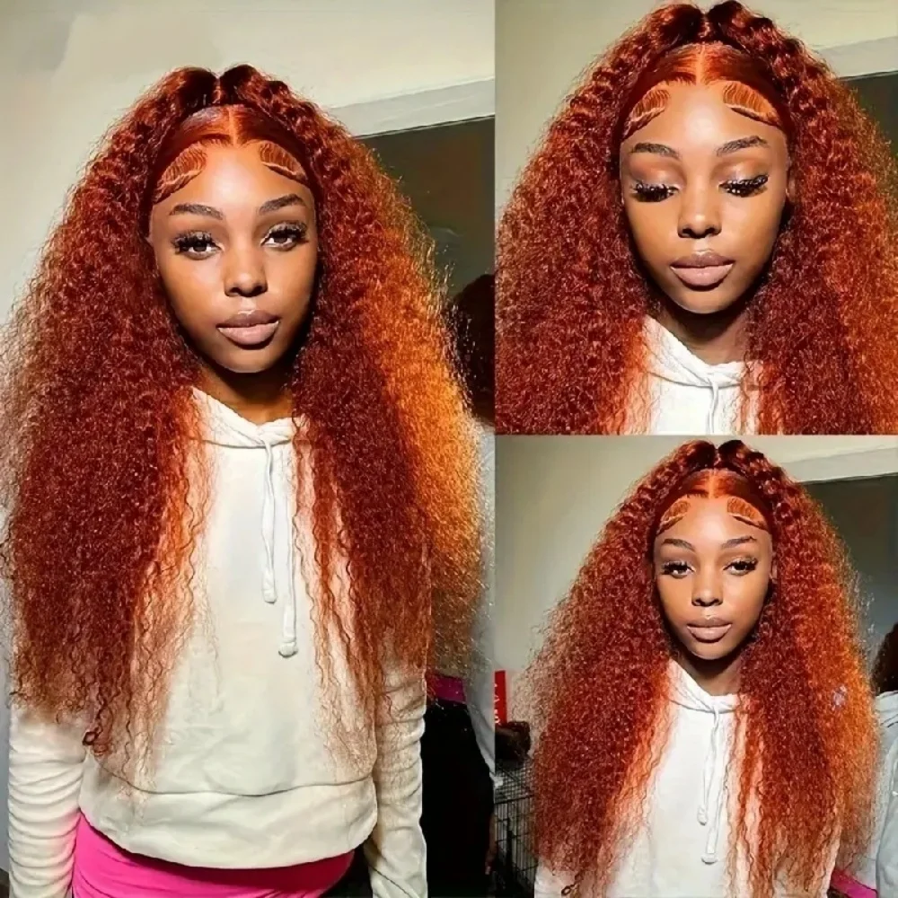 13×4 Deep Wave Lace Front Wigs Human Hair Ginger Transparent Lace Frontal Wig For Women Pre Plucked Orange Color Curly Wigs 350