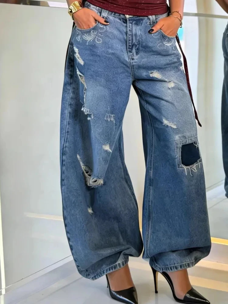 

BKQU y2k Baggy Jeans Harajuku Vintage Hiphop Ripped Jeans Trousers Hip Hop Streetwear Casual Straight Leg Denim Pants