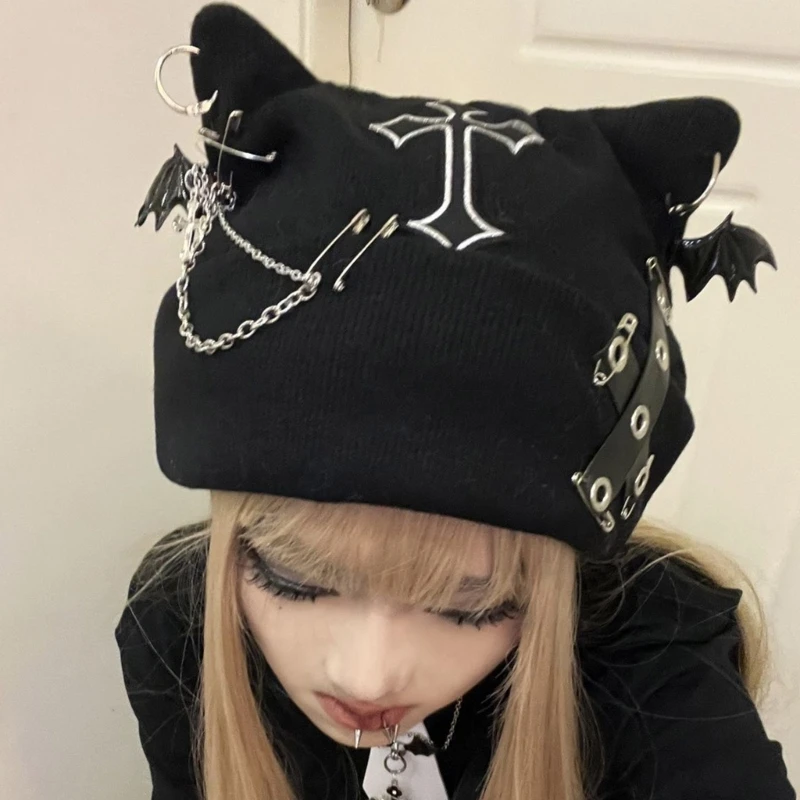 Skull Hat for Halloween Cosplay Bat Wing Hat with Crosses Hat Pullover Cosplay Hat Kitten Skull Caps 2000s Photo Props