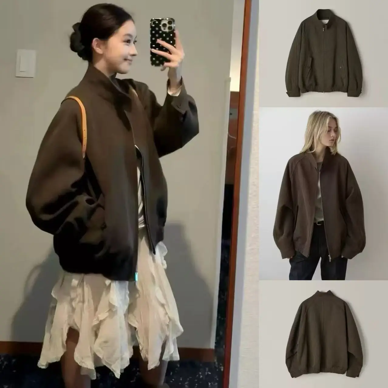 

Women's Casual Woolen Jaet Zipper Collar Brown Loose Fit Long Sve Coat Vintage Sle Daily Wear Fem Outerwear