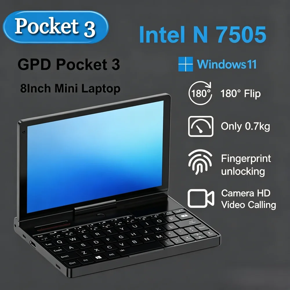 

GPD Pocket 3 8' Windows 11 Mini PC 1920x1200 Touchscreen Portable Gaming Laptop 7505 Modular Notebook for Entertainment