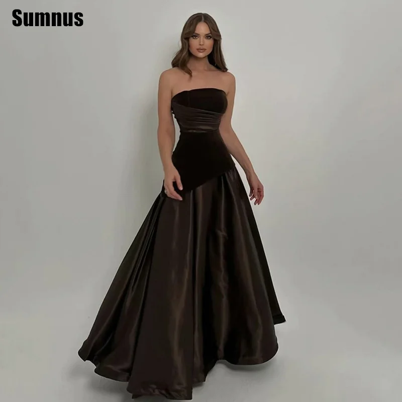 

Sumnus Simple A-Line Brown Prom Dress Strapless Pleats Draped Satin Maxi Evening Dress Gala Women robes de soirée Customized