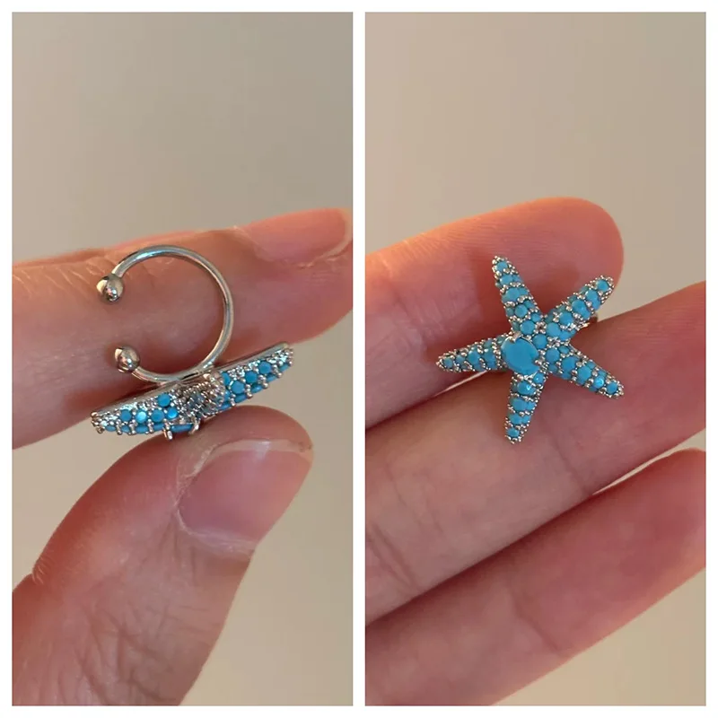 Turquoise Blue Starfish Ear Clip Ocean Breeze Summer Beach Vibe Piercing Free Single Cuff Modern Resort Style Accessory Girl