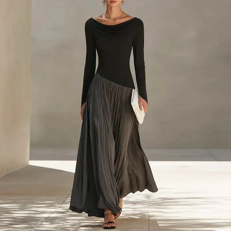 Round Neck Spliced Pleated Maxi Dress Women Long Sleeve Slim Top High Waist Wrinkle Flowy Dress New Formal Banquet Elegant Dress