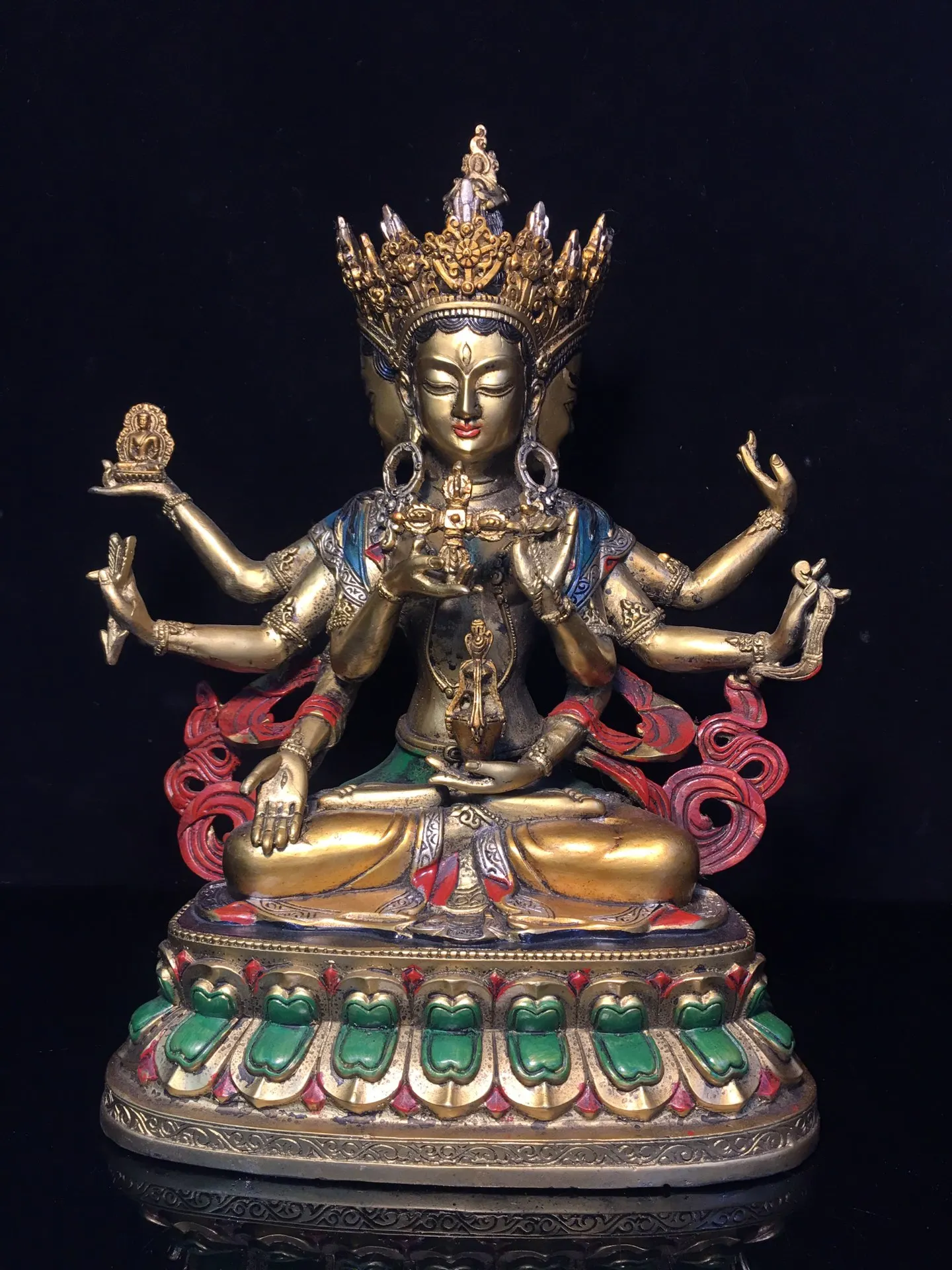 

12"Tibetan Temple Collection Old Bronze Painted Namgyalma Three Heads Eight arms Victory Mother lotus Buddha Worship Hall