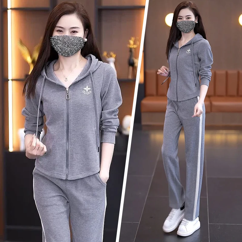 

Свободный спортивный костюм для женщин 2025: Модный комплект из двух предметов (свитшот и брюки) из полиэстера, вискозы, нейлона, спандекса на молнии