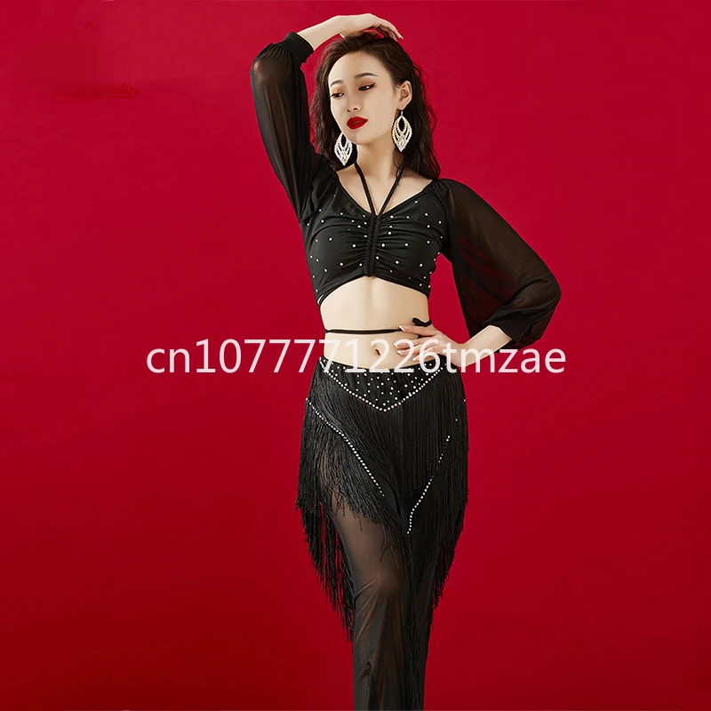 

Oriental Competition Group Clothes Belly Dance Clothes Women's Suit Long-Sleeved Top Tassel Dress Suit