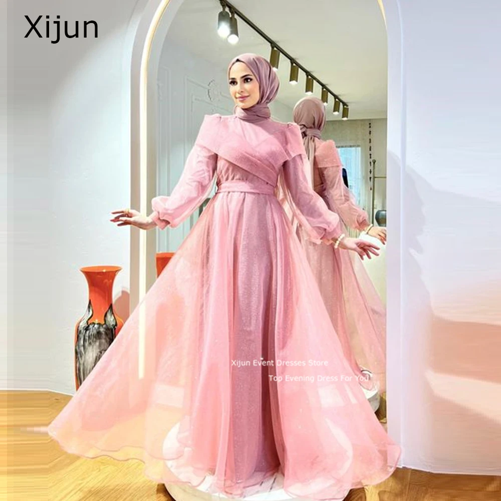 Xijun Pink Modest Tulle Moroccan Kaftan Evening Dresses Dubai Arabic Prom Dress Long Formal Party Dress Saudi Arabia Prom Gowns