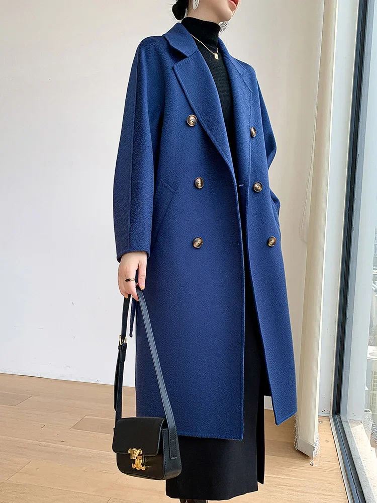 2023 Autumn And Winter New Water Ripple Women's 100% Pure Wool Woolen Coat Fashion Klein Blue Trendy Women's Coat