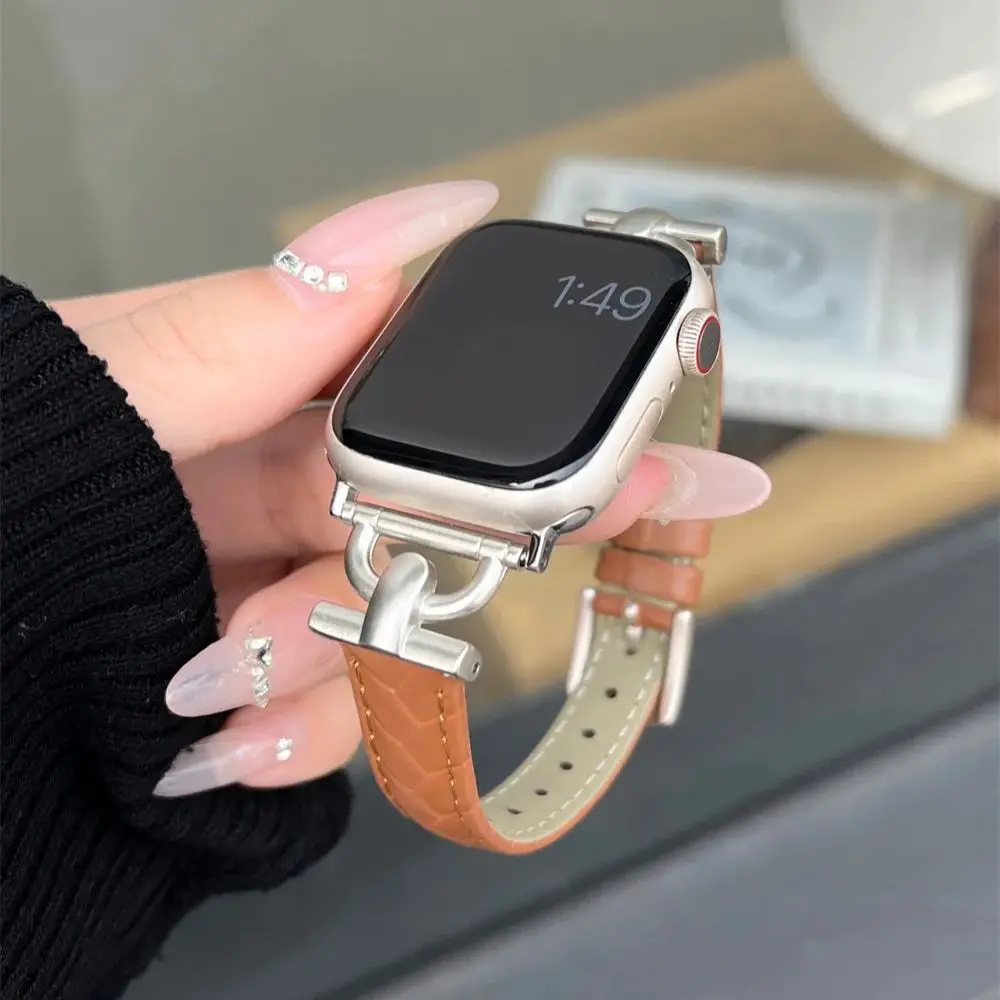 

Кожаный ремешок для Apple Watch Series 9 8 7 6 SE 5 3 45/44/42/41 мм, роскошный металлический браслет для IWatch Ultra 2 49 мм 40 мм 38 мм