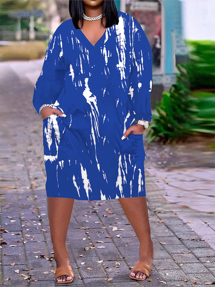 Plus Size Women's Tie Dye 3D Printed Pockets Long Sleeve Dress Knee Bohemian V Neck Vintage Women's Midi Party Dresses