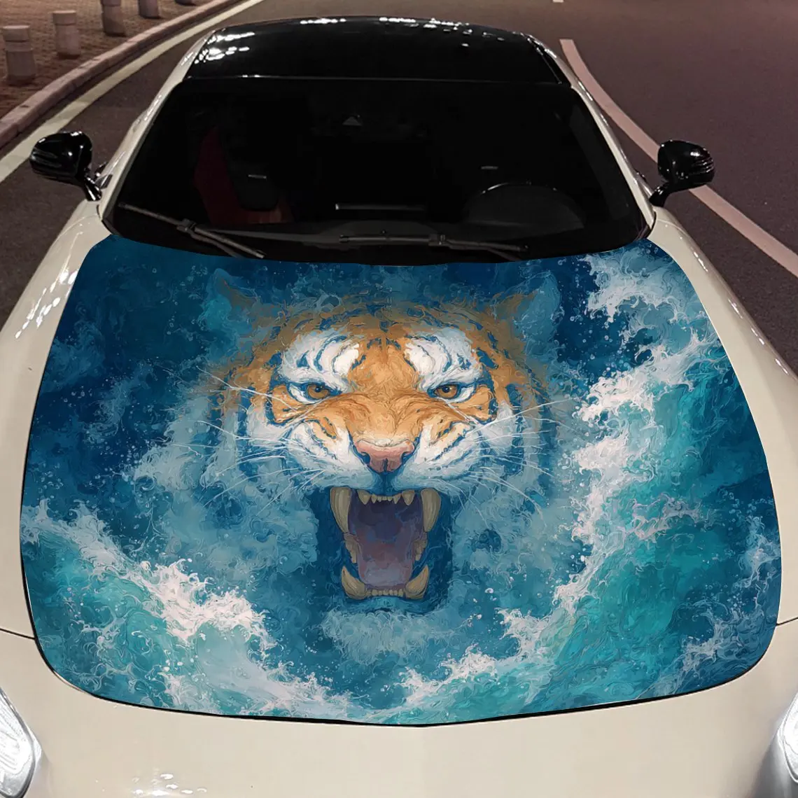 Car Decals Tigers with Vivid Stripes, Roaring Expressions, and a Blue Ocean Wave - Themed Backdrop Car Hood Sticker, Waterproof