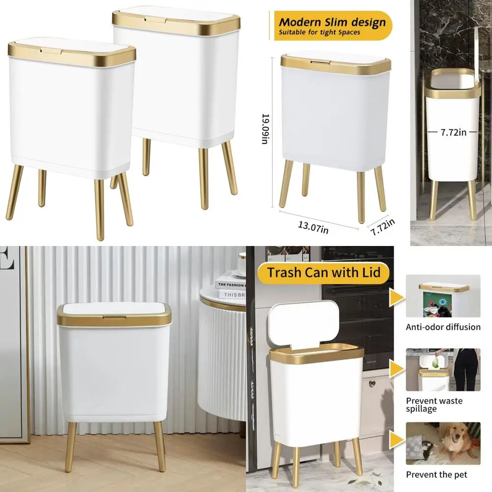 Poubelle de salle de bain en plastique mince moderne avec bord doré pour chambre à coucher, poubelle de conception étroite avec couvercle