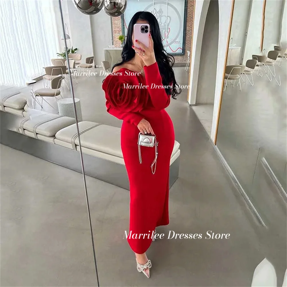 Marrilee Elegant Red Big 3D Flower Stain Off The Shoulder Strapless Evening Dresses Long Sleeves Ankle Length Formal Prom Gowns