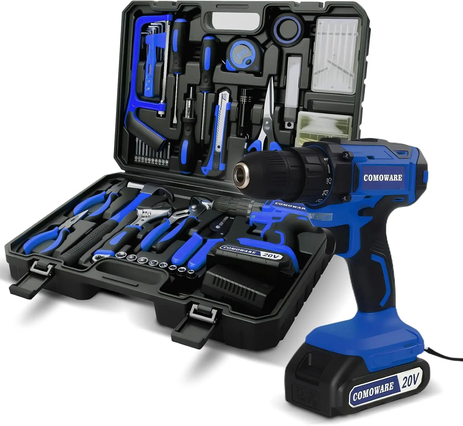 Household Tool Set with 20V Cordless Drill Driver, 120Pcs Hand Tool Kit for Men, Power Drill Set with Plastic Toolbox, Ideal for