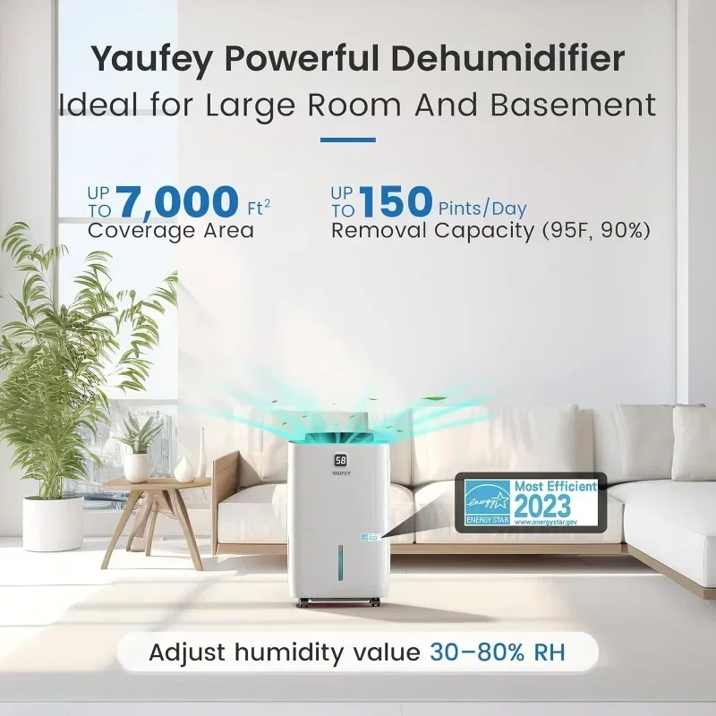 Yaufey 150 Pints Energy Star Dehumidifier with Pump for Home, Basement and Large Room up to 7000 Sq. Ft., With Drain Hose, Timer