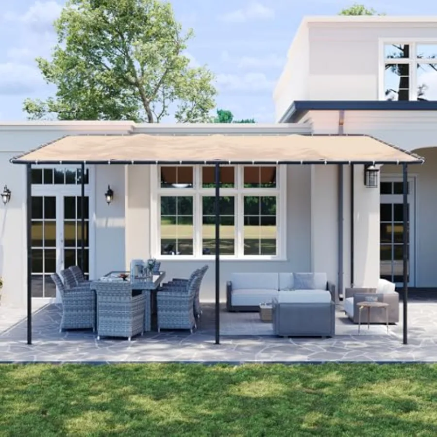 16x12 Lean-to Pergola Outdoor Gazebo for Patio Backyard Deck Garden, Khaki Water-Resistant UV-Resistant Sloped Roof Wall-Mounte