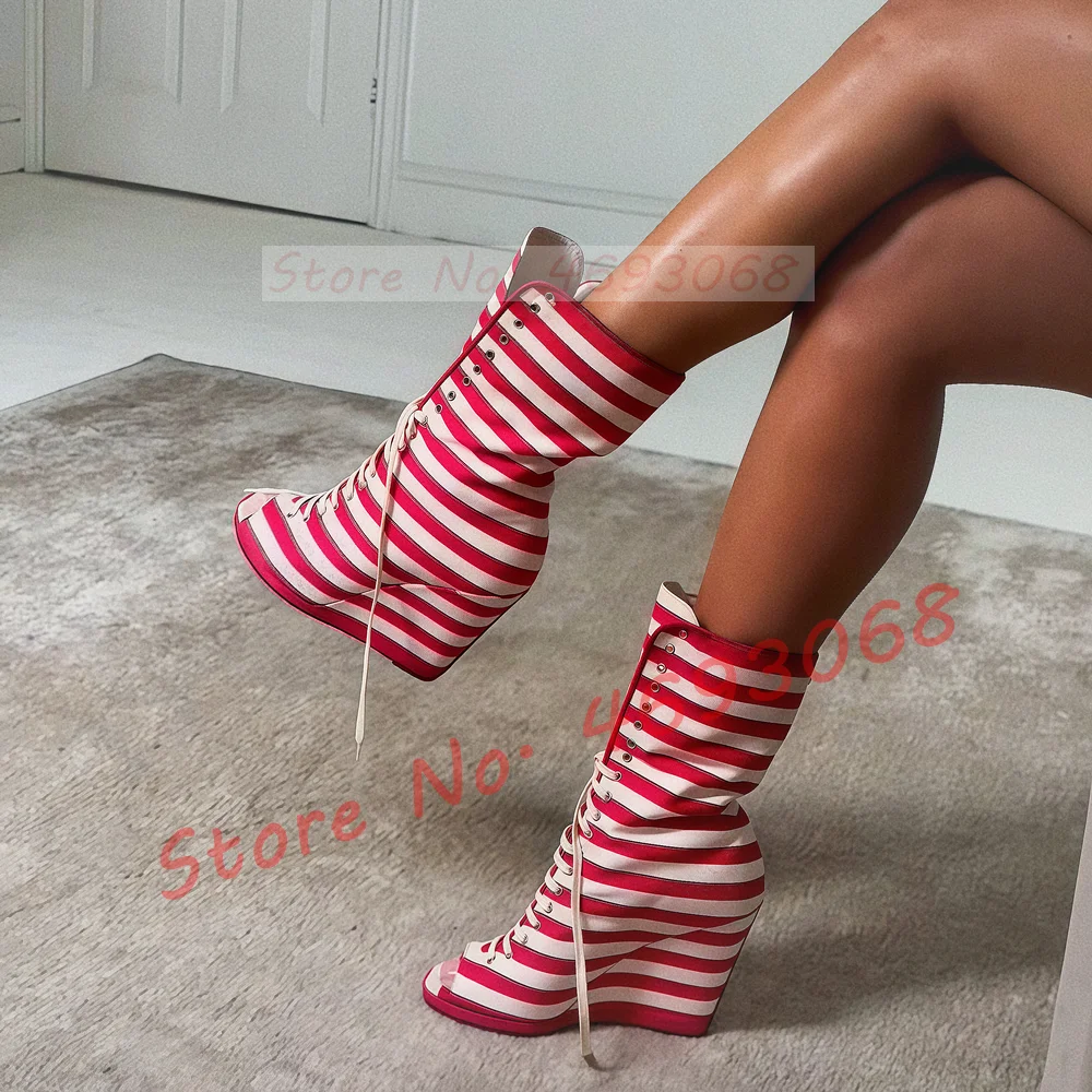 

Red Striped Canvas Leather Wedge Boots Women Trendy Peep Toe Lace Up Party Mid Calf Shoes Luxury Patchwork Leggy Ankle Boots