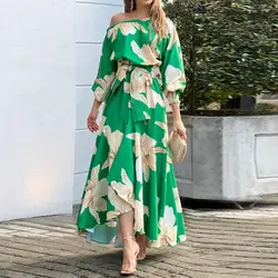 Elegant Women's Dresses 2022 Summer New Casual Floral Print Slanted Shoulder Lantern Sleeve High Waist Dress