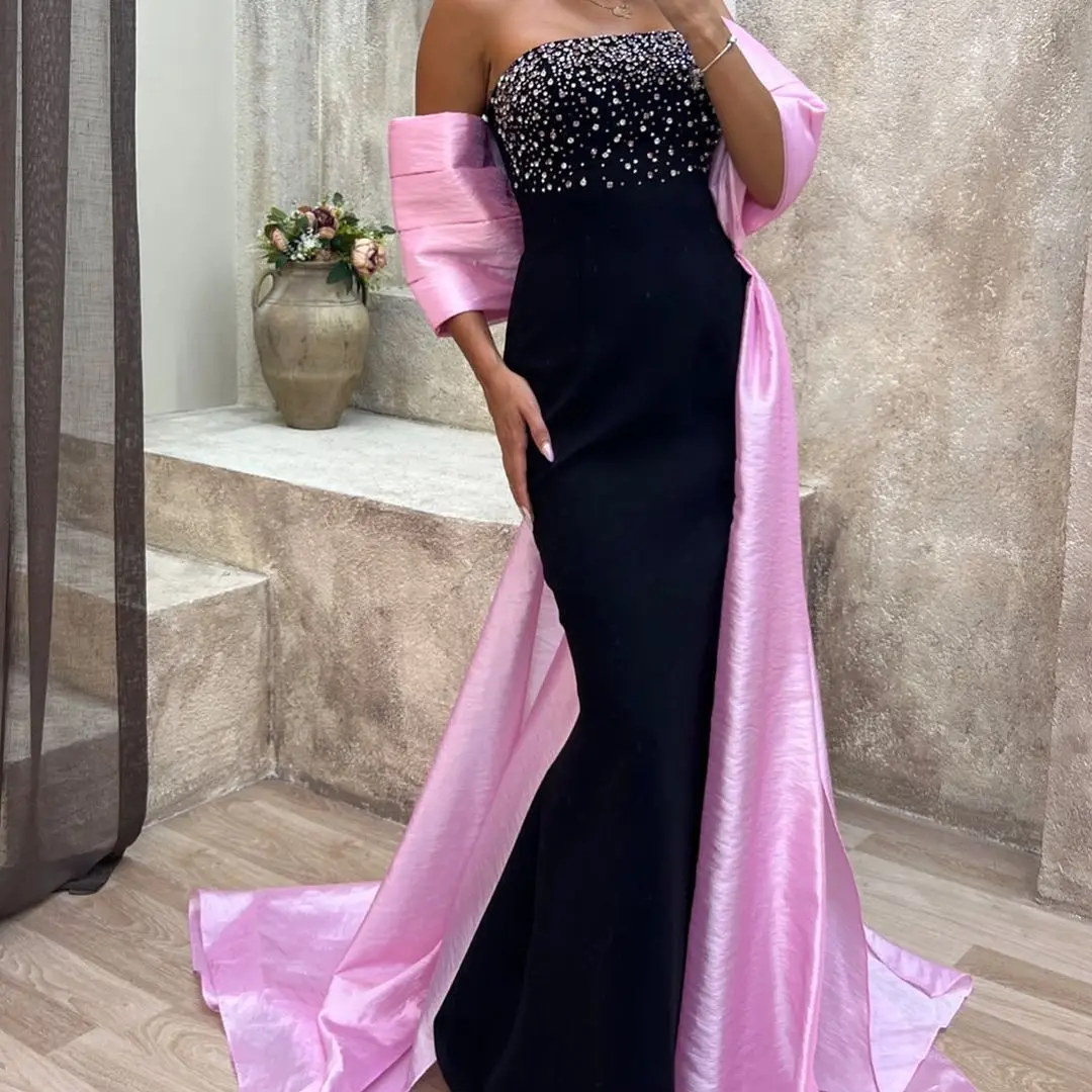 Pink Beads 2-Piece Prom Dresses Black Mermaid Cape Floor-Length Strapless New Design Prom Dresses Formal Occasion Party Dresses