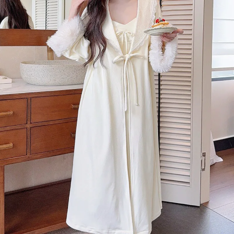 Sexy Robe Nightdress Pajamas for Women New Style Home Wear Two Piece Set Double-sided Island Velvet Warm Autumn Winter Chest Pad