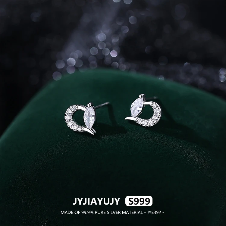 

JYJIAYUJY 100% Whole Original Pure Silver S999 Stud Earrings In Stock Half Hearted Zircon Fashion Jewelry Gift Daily JYE392