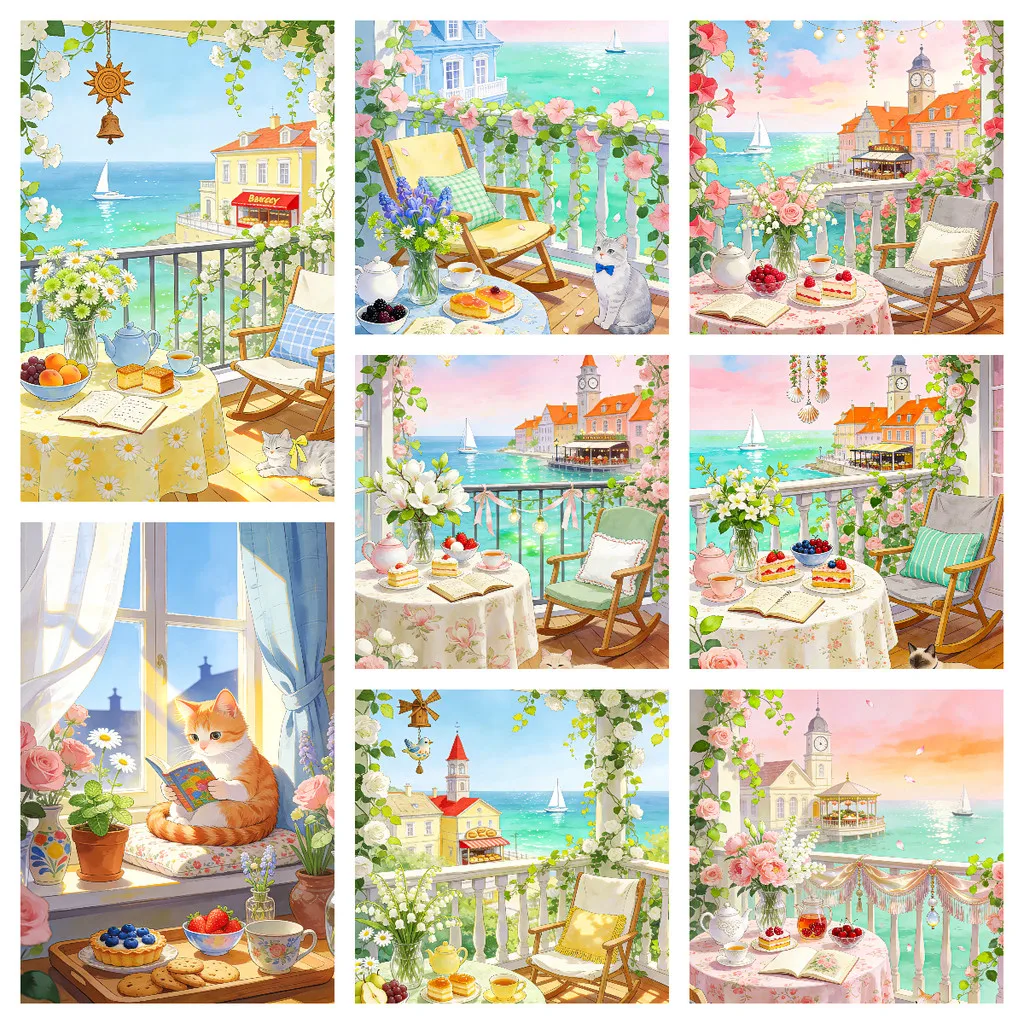 Cat Balcony Scenery Painting By Numbers for Adults DIY Kits HandPainted on Canvas Oil Picture Drawing Coloring By Number