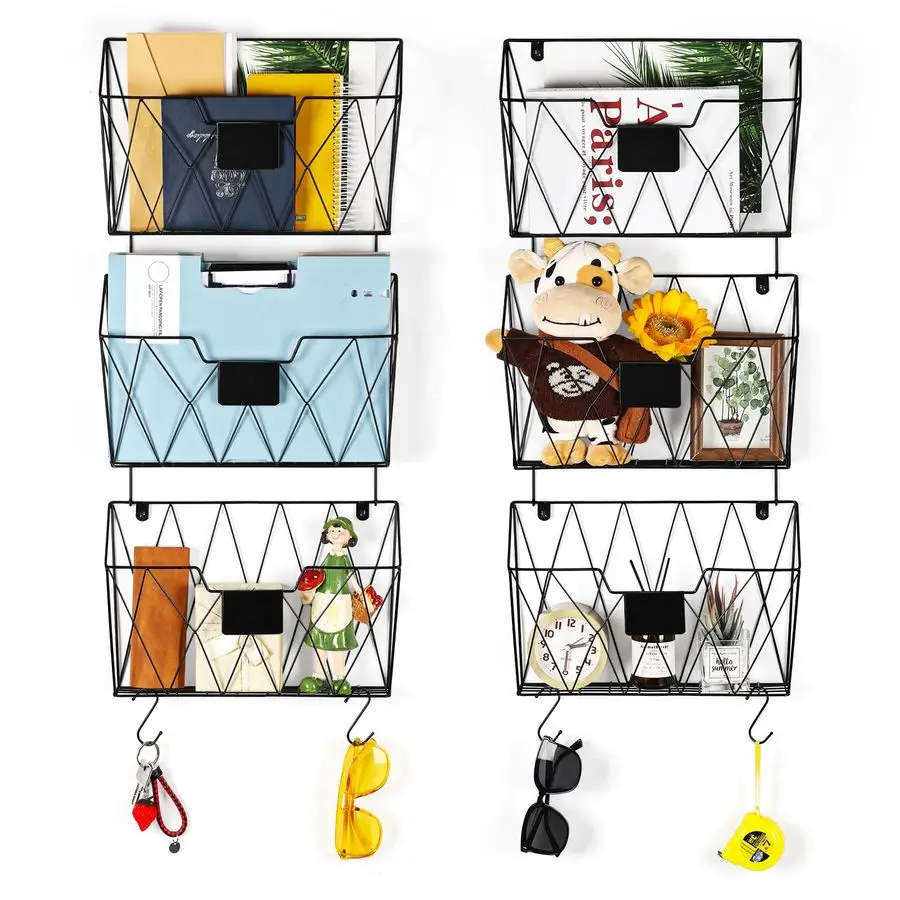 

Hanging Wall File Organizer, 6 Pockets Wall File Holder, Metal Mail Organizer Wall Mounted with Hooks for Papers, Folders, Offi