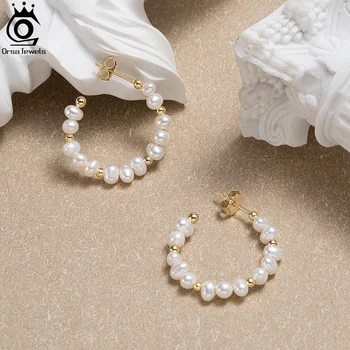 ORSA JEWELS Fashion 925 Silver Pearl Beads Hoop Earrings Women Dainty Pearls Round Ear Buckle Minimalism Earrings Jewelry GPE70