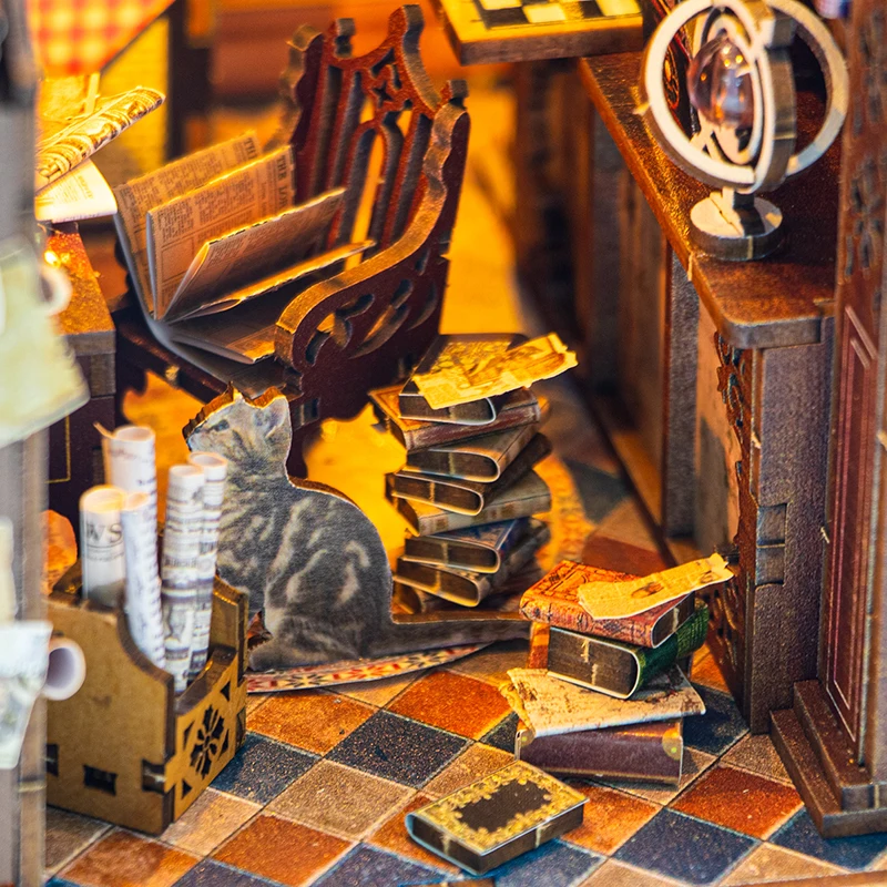 Magical Library DIY Book Nook Kit Miniature Bookshelf Insert with LED Light 3D Wooden Puzzle Building Kit Craft Gift Dollhouse