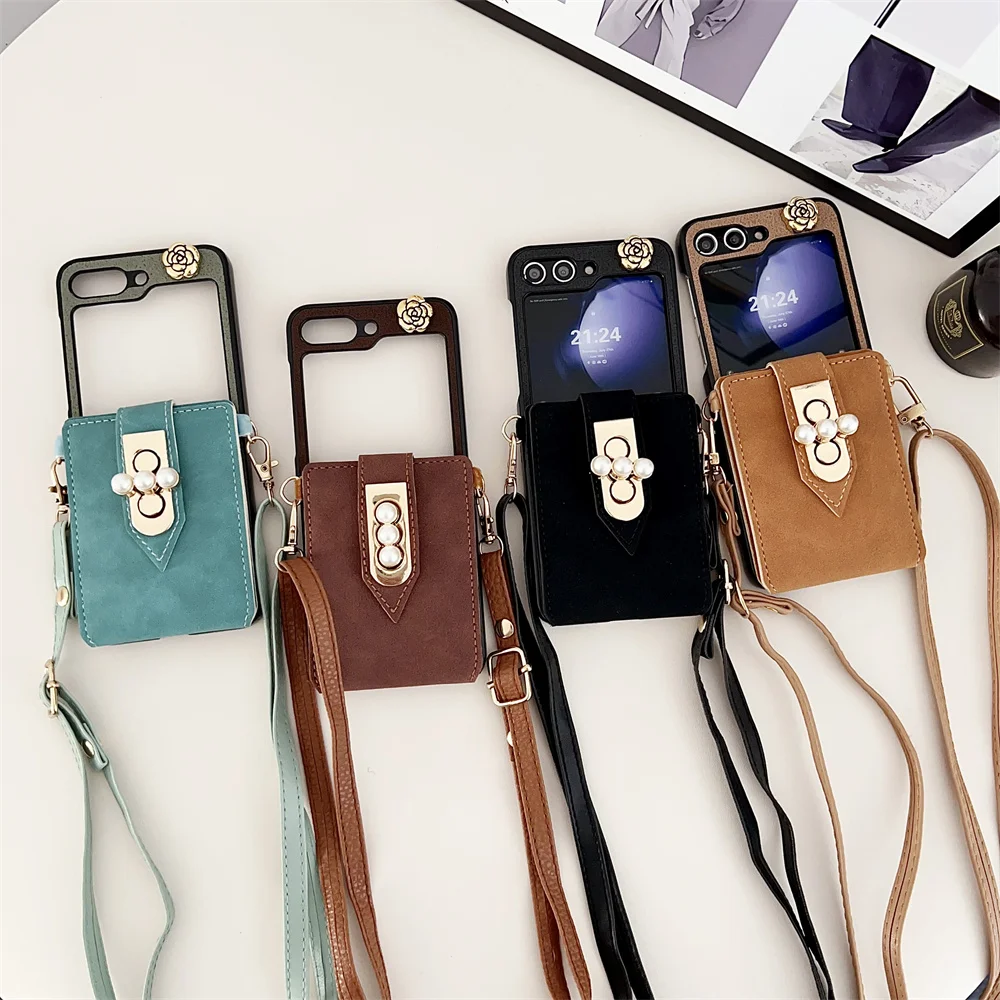 Luxury Flip Mirror Card Bag Phone Case For Samsung Galaxy Z Flip 5 4 3 5G Faux Leather Cover Wiith Strap For Z flip3 flip5 flip4