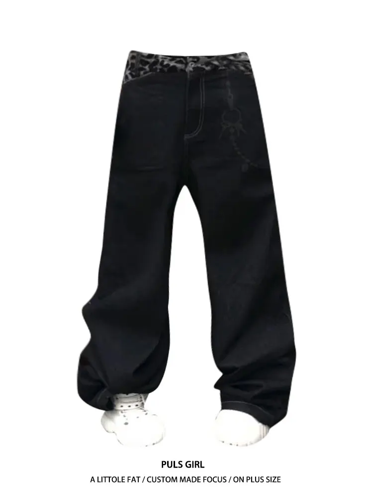 

Large Size American Street Style Washed Leopard Print Patchwork Denim Pants Women's Loose Drapey Wide Leg Long Trousers