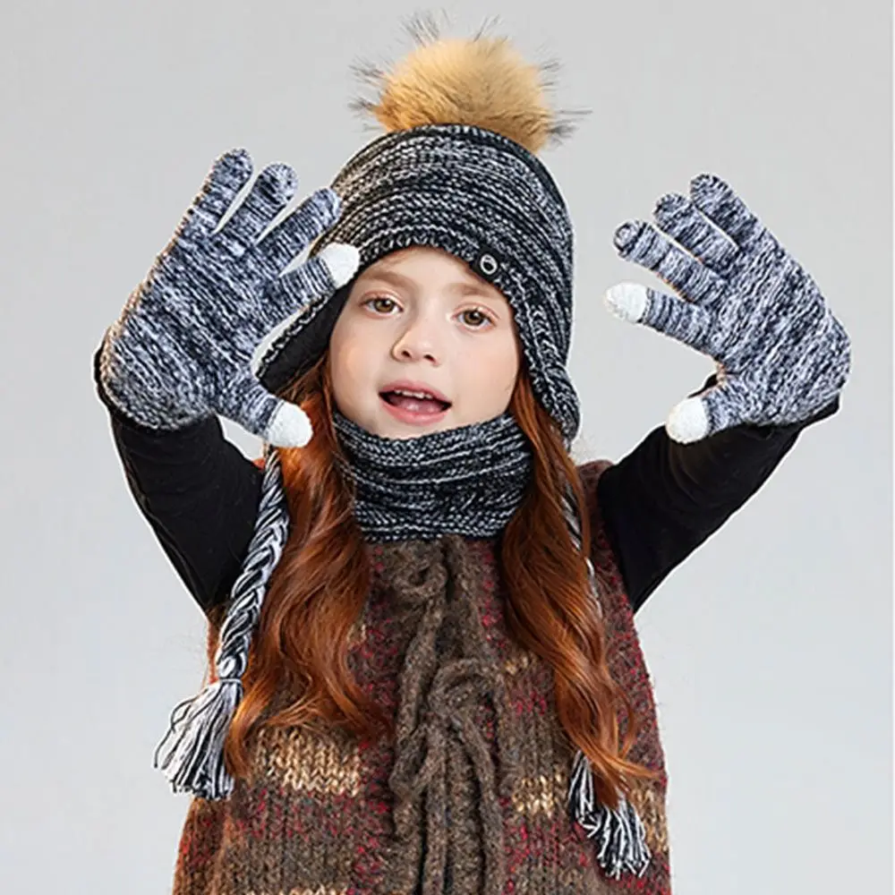 Fashion Warm Winter Hat Scarf Gloves Set Thicken Pompom Knitted Hats Windproof Soft Toddler Bonnet view 4