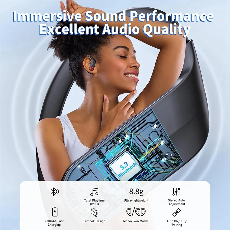 Auriculares Bluetooth con sonido estéreo, cascos por encima de la oreja impermeables IPX7, aptos para deportes, teléfono, ordenador portátil