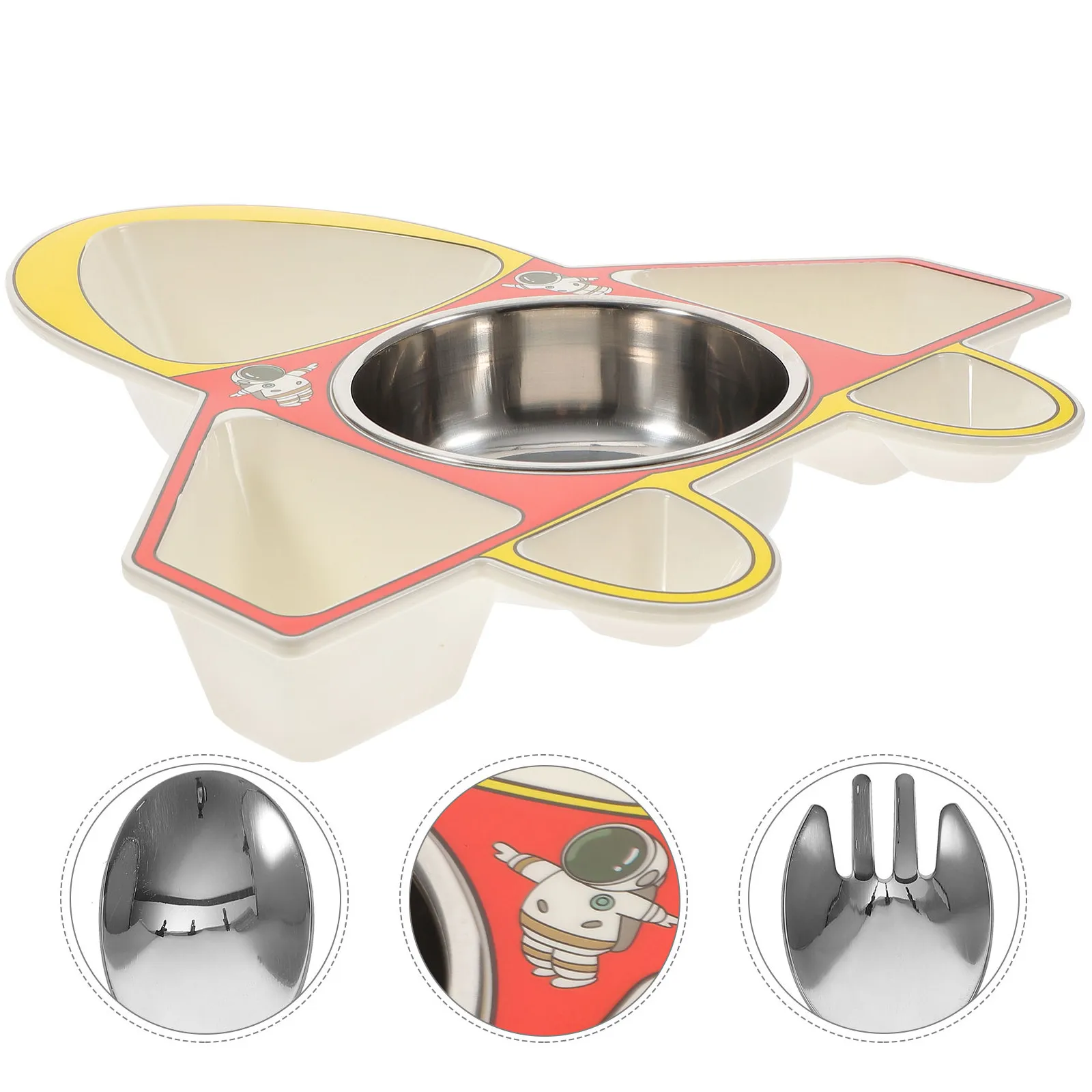 

1Set Baby Feeding Bowl Divided Food Plate Kids Airplane Shaped Plate Spoon Fork Set Colorful Cartoon Style Sturdy Wear Resistant
