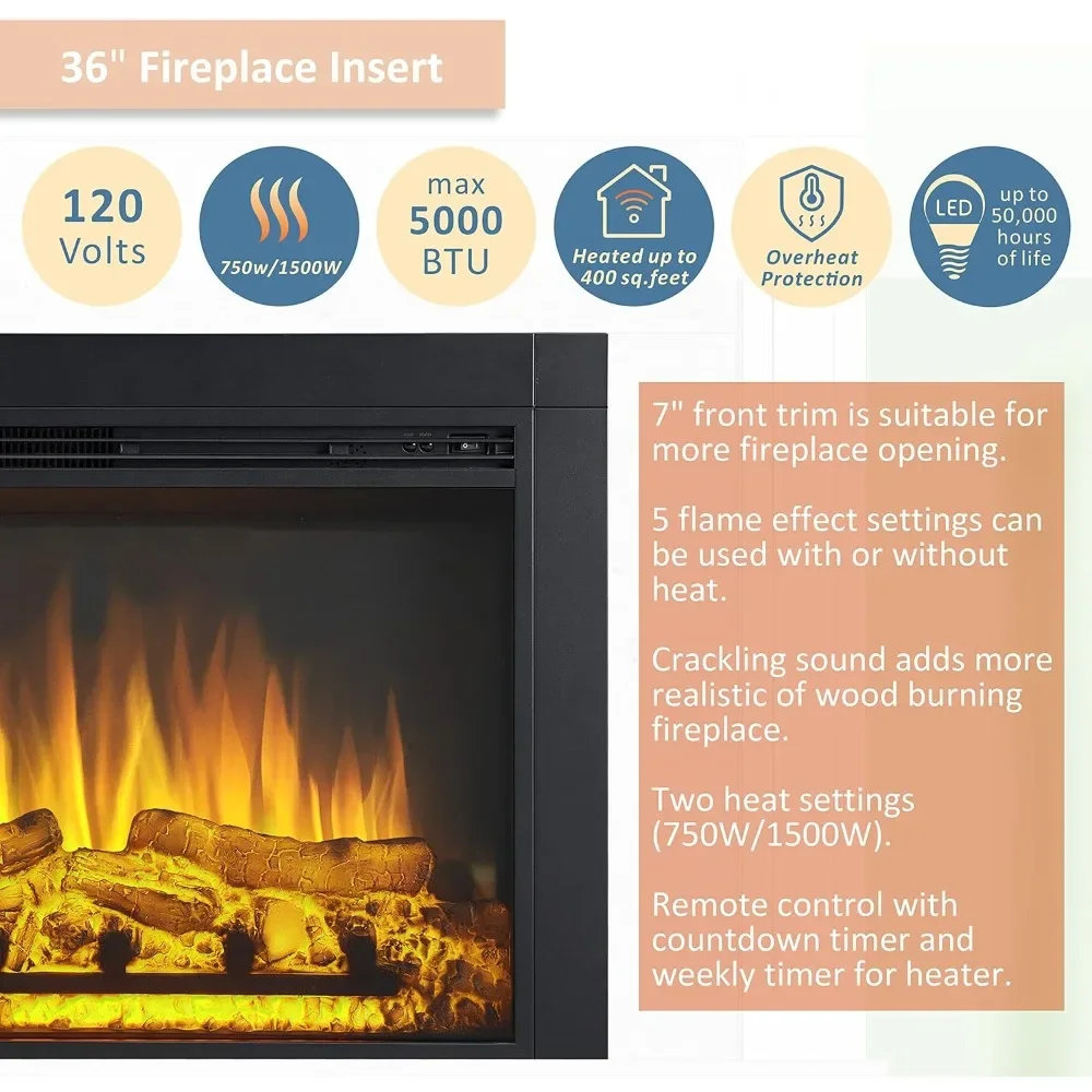 Electric Fireplace Insert with Front Trim Kit, Fire Crackling Sound, 750W/1500W Heater, Remote Control Electronic Fireplace