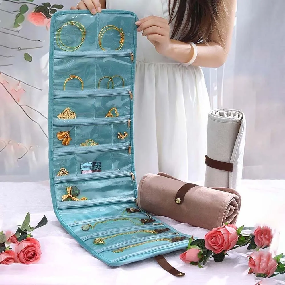 

Multi-pocket Flannel Jewelry Organizer PVC Transparent Rolled Jewelry Storage Bag Solid Color Large Capacity