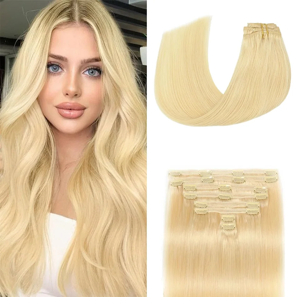 

#613 Blonde Colored Straight Clip In Human Hair Extensions Brazilian 100% Remy Human Hair 8 Pieces/Set 120G Full Head For Women