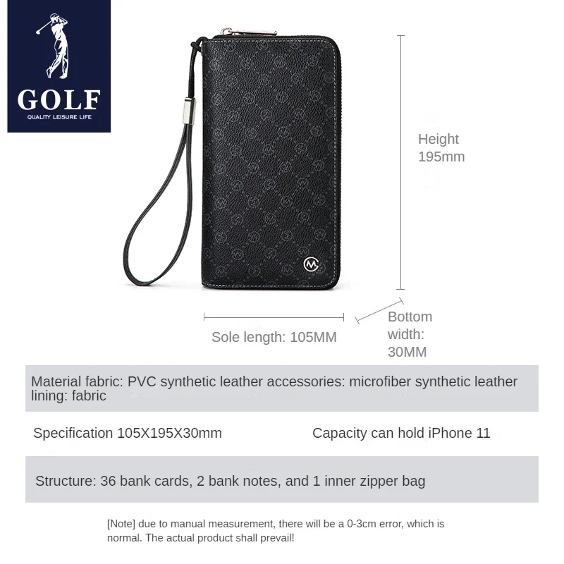 GOLF-Pochette en cuir noir pour homme, pochette en poudre, sac à main long, fermeture éclair, pince à billets, porte-cartes de crédit, portefeuille