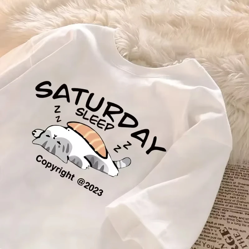 Summer Japanese Cartoon Fashion Retro Trend Fun Cute Sleeping Cat Print Fashion Couple Casual T-shirt Tops Women Clothing