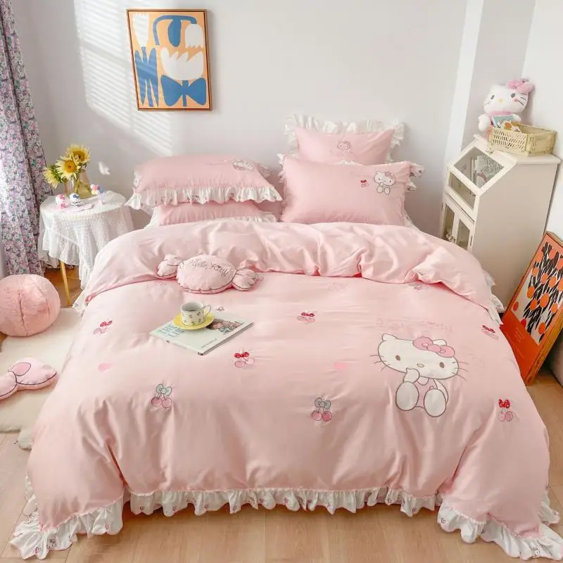 

Sanrio Kawaii Anime Hello Kitty Sheet Quilt Cover Pillowcase Set Winter Coral Fleece Thicken Bedding Girl Heart Four-Piece Set