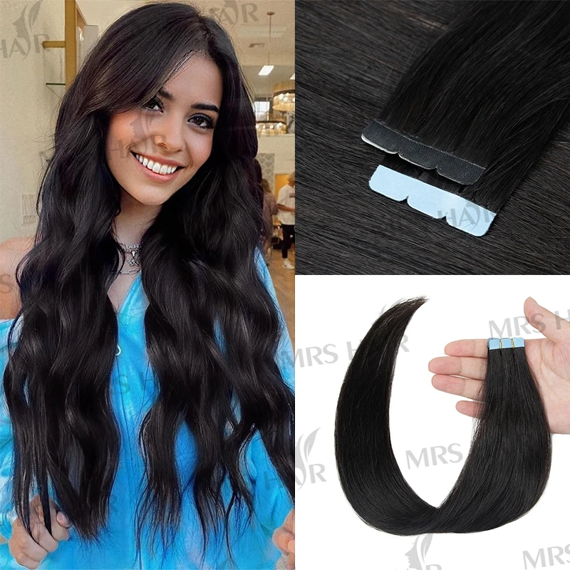 

Накладные прямые волосы из натурального человеческого волоса 1B, 12-24 дюйма, черные, для женщин, невидимые, на клейкой ленте, 10 шт./уп.