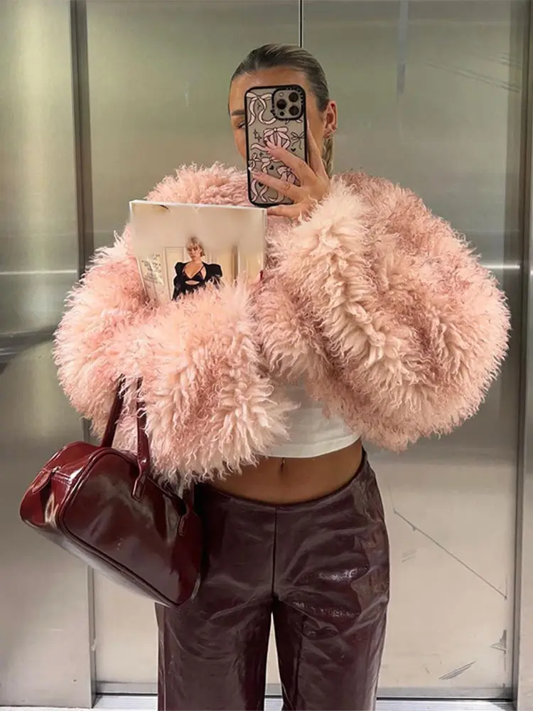 Pink Chic Women's Faux Fur Cropped Cardigan Coat 2024 Casual Thicken Long Sleeve Fluffy Jacket Girls Fall Winter Warm Streetwear