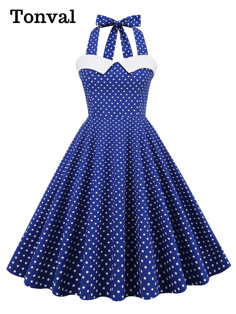 

Tonval Sexy Halter Evening Vintage Party Summer Cotton Dresses for Women 2022 Polka Dot Fit and Flare Backless Swing Dress