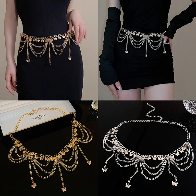 '1Pc Women Waist Chains Jewelry Fashion Butterfly Belly Body Decoration Metal Multi-layer Pants Chain Summer Skirt Accessories.