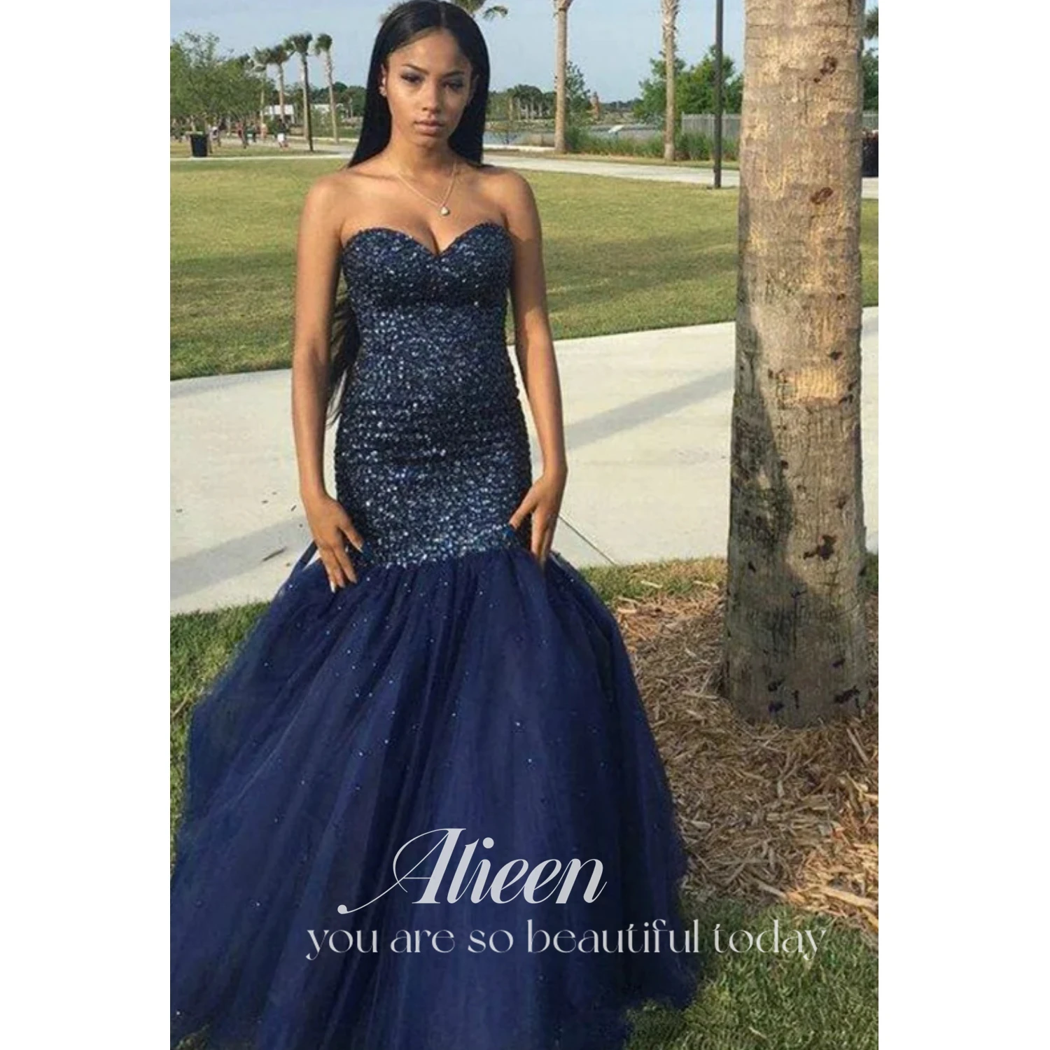 

Aileen Mermaid Dresses for Prom Dress 2023 Navy Blue Mesh Elegant and Pretty Women's Dresses for Special Events Strapless Formal