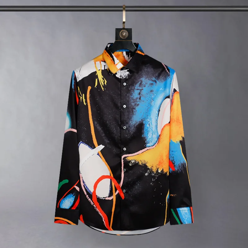 

Autumn Graffiti Starry Sky Printed Silk Shirts Men Business Casual Slim Fit Long Sleeved Shirt for Men Banquet Party Streetwear